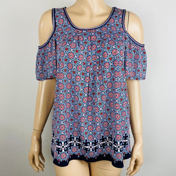 Max Studio Blue Red Bohemian Print Short Cold Should Sleeve Women's S Top - Picture 1 of 4